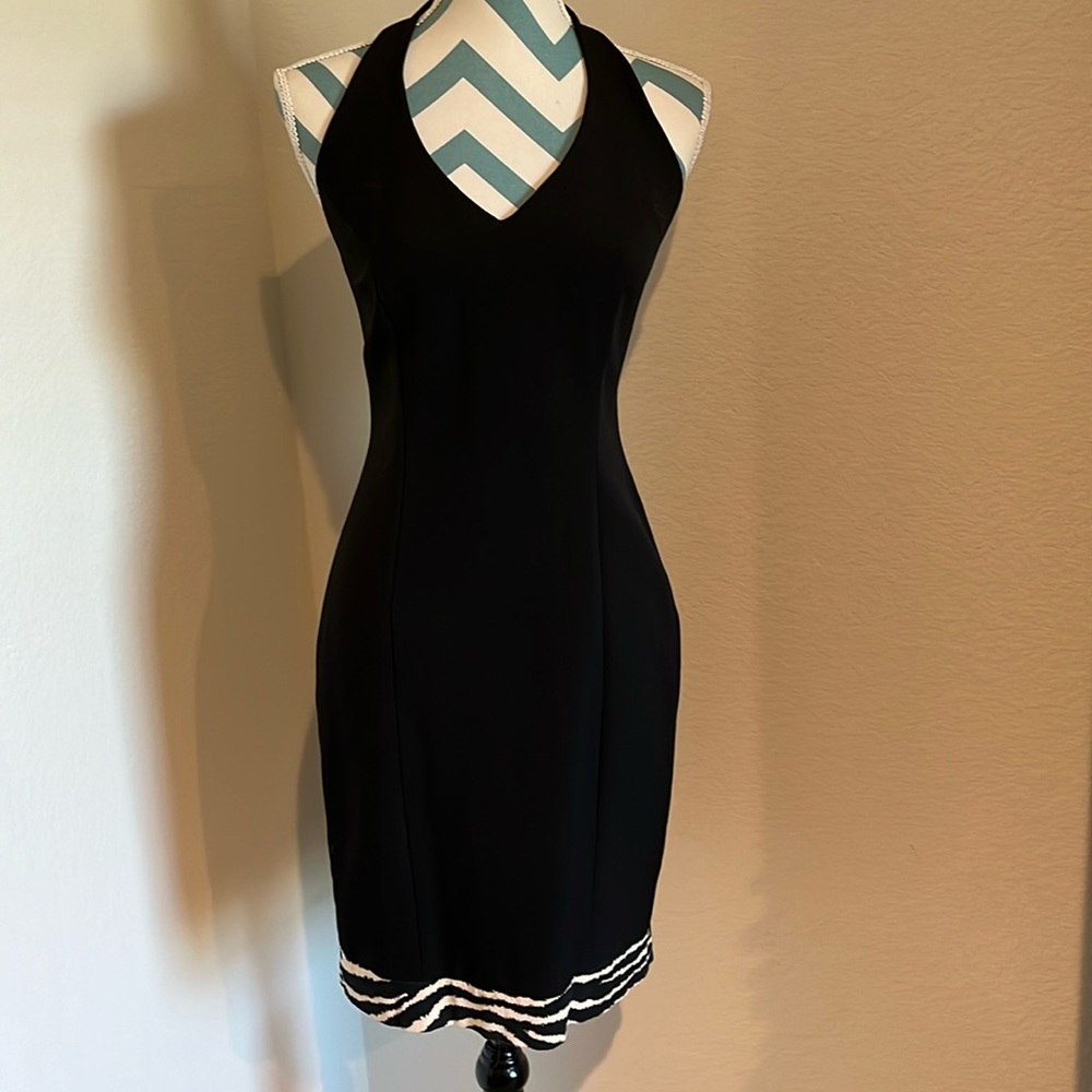 YL little black halter dress, size 4, zipper back, zebra trim at bottom